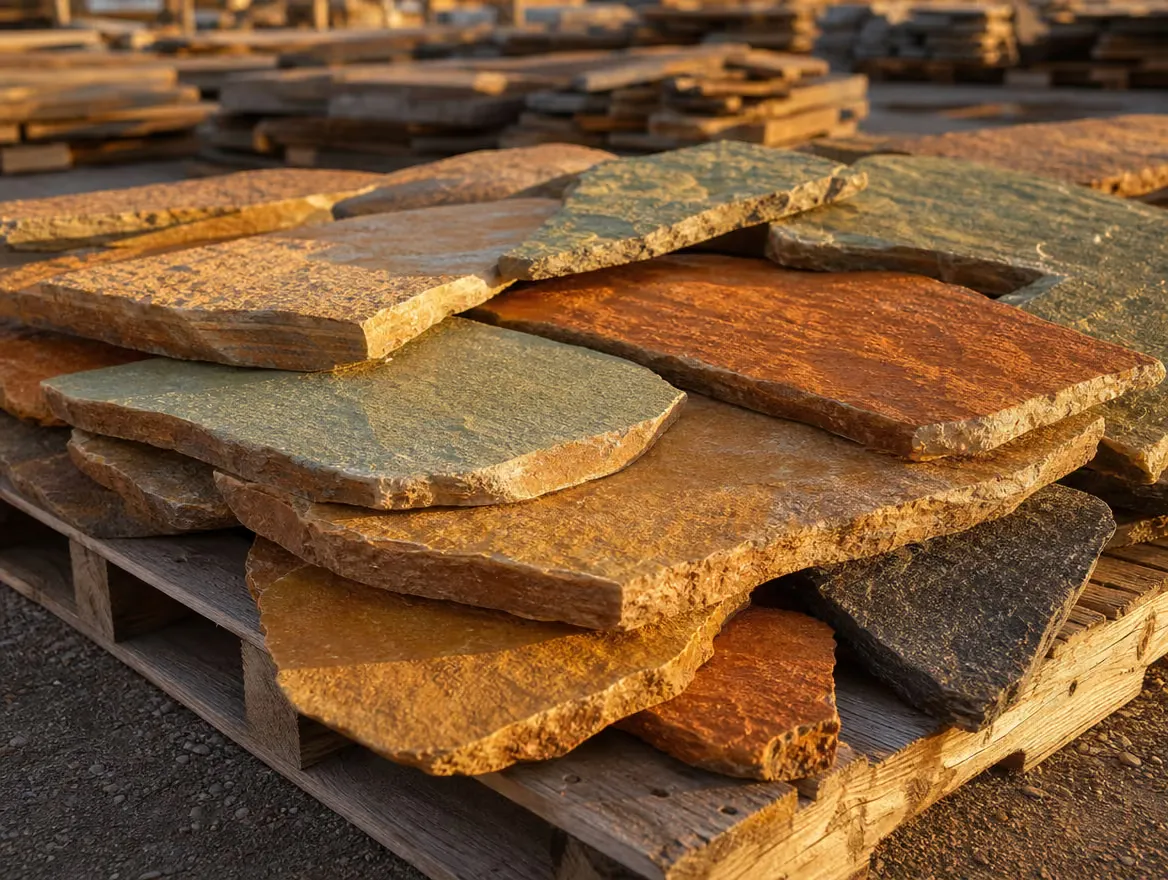 Stacked flagstone slabs in rust and sage tones on a pallet