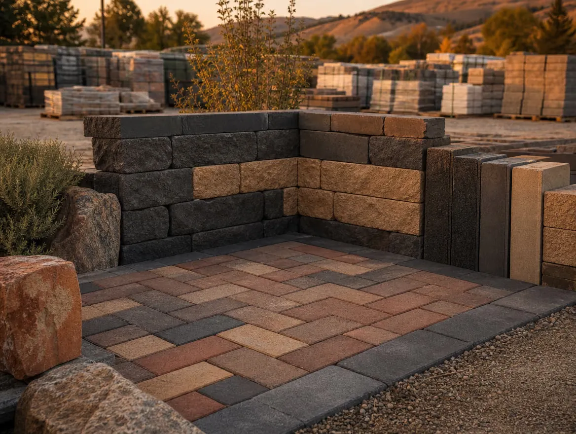 Concrete pavers and dry-stacked retaining wall block display