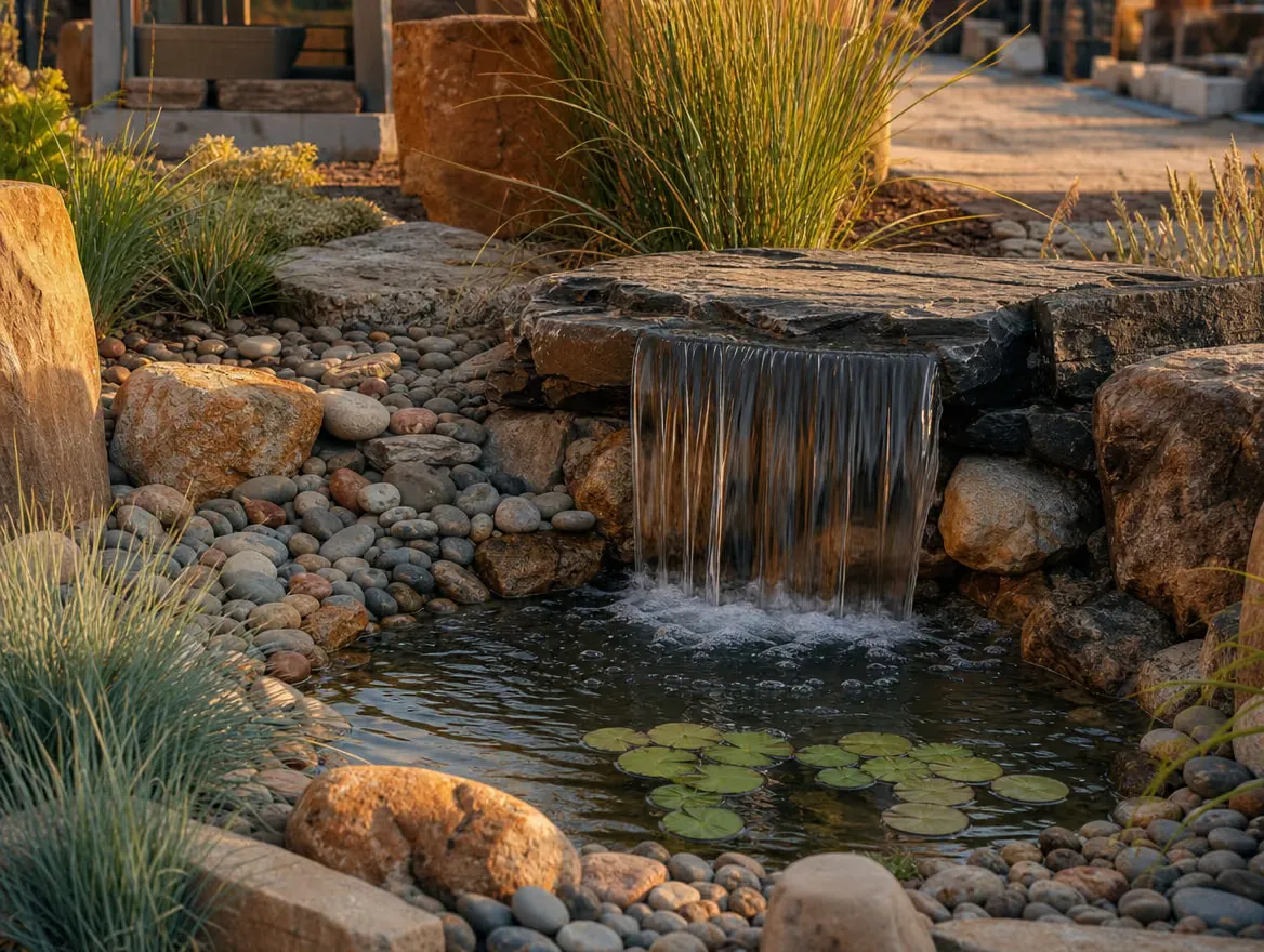Garden pond display edged with natural stone and river rock