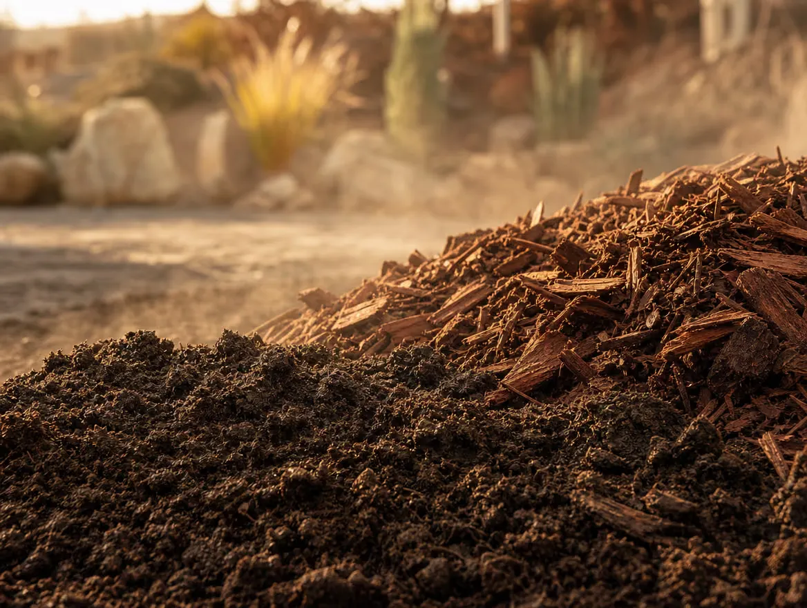 Rich dark garden soil beside a pile of shredded bark mulch at a Vernon landscape supply yard