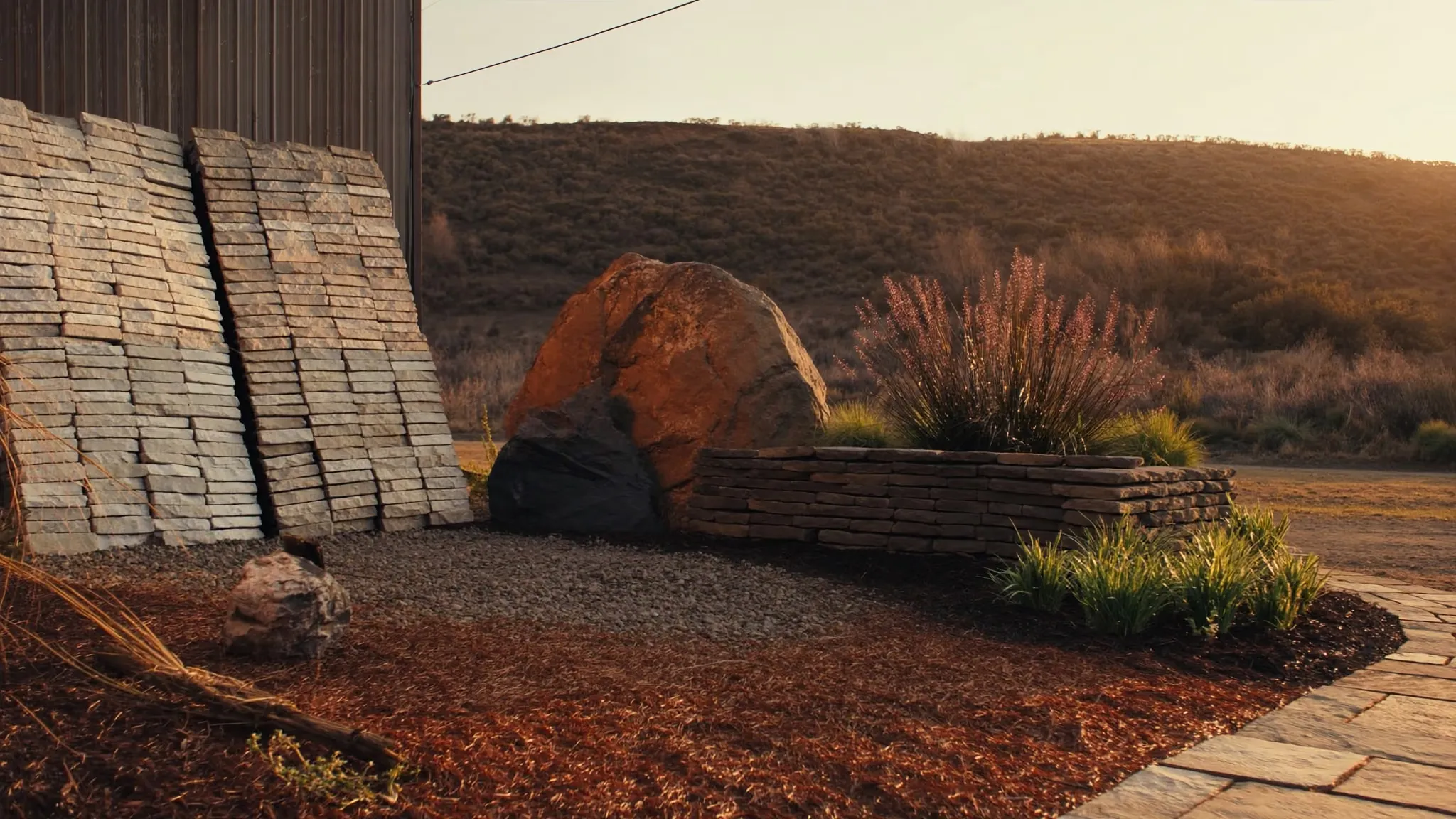 Supply yard display garden with stacked flagstone pallets, boulders and a dry-stacked stone wall